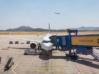 Lufthansa Airbus A321neo aircraft as seen parked and docked to an airbridge in Athens International Airport ATH. The modern A321 NEO airplan...
