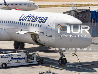 Lufthansa Airbus A321neo aircraft as seen parked and docked to an airbridge in Athens International Airport ATH. Close up at the the Lufthan...