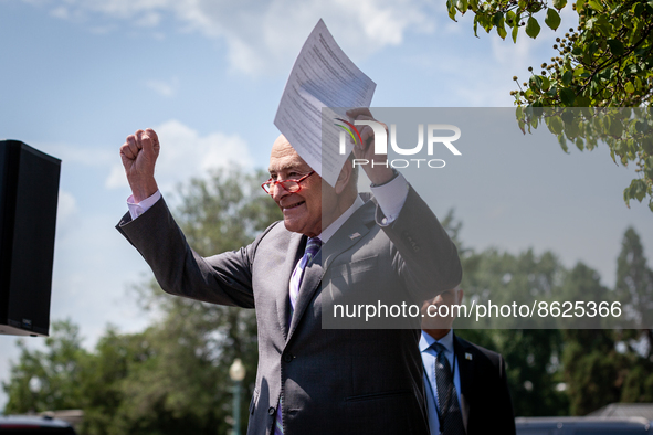 Senate Majority Leader Chuck Schumer (D-NY) cheers as he arrives at a press conference in which Democratic Senators are demanding passage of...