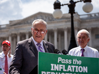 Senate Majority Leader Chuck Schumer (D-NY) speaks at a press conference in which Democratic Senators demand passage of the Inflation Reduct...