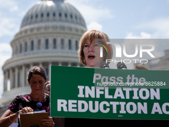Senator Tina Smith (D-MN) speaks at a press conference where Democratic Senators demanded passage of the Inflation Reduction Act.  The bill...