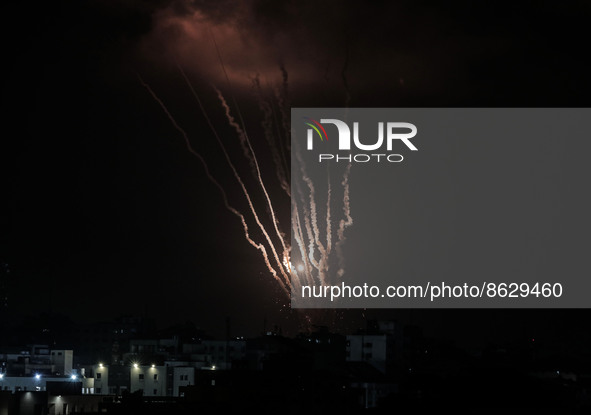 Rockets are launched from Gaza City, towards Israel on August 5, 2022. Palestinian militants fired rockets at Israel from the Gaza Strip thi...