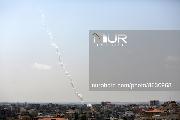 A picture taken on August 6, 2022, shows Palestinian rockets fired from Gaza City in retaliation to earlier Israeli air strikes. 