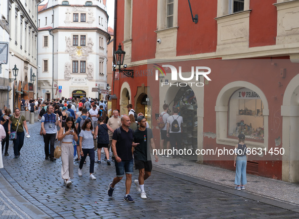 Tourists Visit Karlova Street in Prague. August 6, 2022 Czech Republic. Karlova Street is part of the royal road and is located in the Old T...