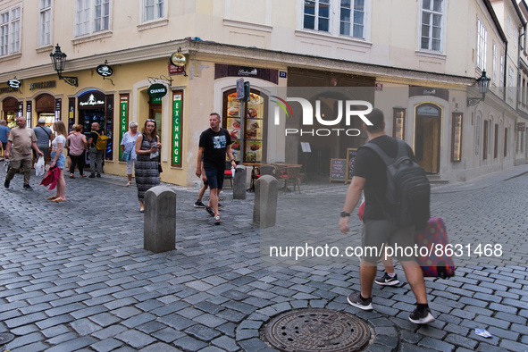 Tourists Visit Karlova Street in Prague. August 6, 2022 Czech Republic. Karlova Street is part of the royal road and is located in the Old T...