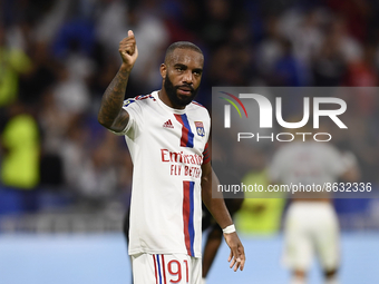 Alexandre Lacazette of Olympique Lyonnais reacts during the Ligue 1 match between Olympique Lyonnais and AC Ajaccio at Groupama Stadium on A...