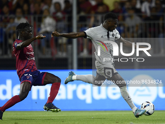 Nuno Mendes of PSG shooting to goal during the Ligue 1 match between Clermont Foot and Paris Saint-Germain at Stade Gabriel Montpied on Augu...