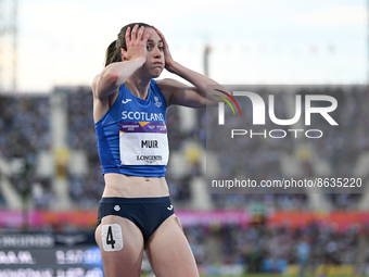Laura Muir of Scotland puffs her cheeks after coming third in the 800m during the athletics at Alexander Stadium in Perry Barr at the Birmin...