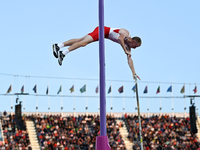 Adam Hague of England makes a clearance in the pole vault during the athletics at Alexander Stadium in Perry Barr at the Birmingham 2022 Com...