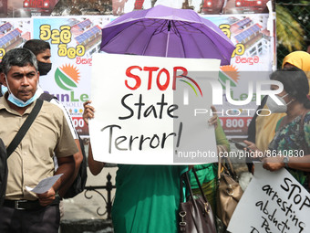 Activists of the Sri Lanka Teachers' Union staged a protest chanting slogans condemning the government's crackdown on protestors in Colombo,...