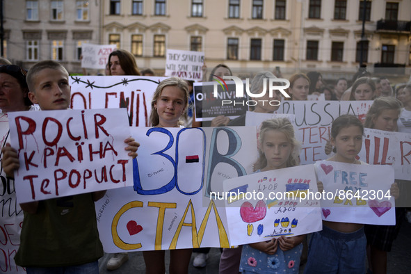 LVIV, UKRAINE - AUGUST 5, 2022 - Activists urge to protect the rights and accelerate the exchange of the Mariupol heroes during an action or...