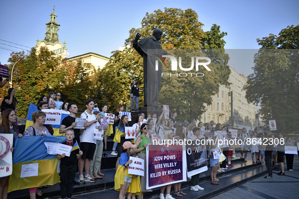 LVIV, UKRAINE - AUGUST 5, 2022 - Activists urge to protect the rights and accelerate the exchange of the Mariupol heroes during an action or...