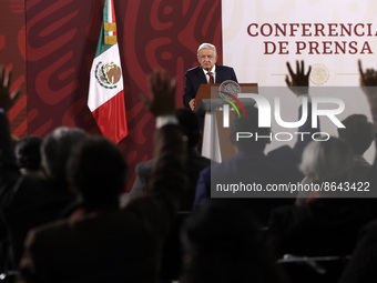 August 8, 2022, Mexico City, Mexico: Mexican President Andres Manuel Lopez Obrador during his daily morning press conference before the pres...