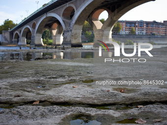 The riverbed of the Garonne river is seen under the 'Pont des Catalans' bridge in toulouse. due to the drought, the Garonne river in Toulous...