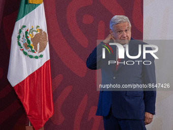August 9, 2022, Mexico City, Mexico: Mexican President Andres Manuel Lopez Obrador, during his morning press conference on Tuesday at Nation...