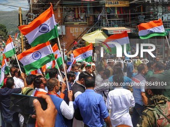 BJP workers held Tri-Color (Tiranga) Rally in Baramulla Jammu and Kashmir India on 10 August 2022. Party workers including senior leaders li...