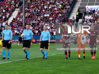 Players and referees entering the pitch for UEFA Europa Conference League, 3rd preliminary round: CFR Cluj v. Şahtior Soligorsk, 11 August 2...