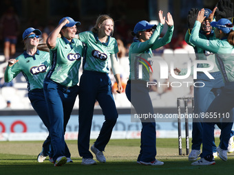 LONDON ENGLAND - AUGUST  11 :Sophia Smale celebrates the catch of Alyssa Healy of Northern Supercharges Women by Alice Capsey of Oval Invinc...