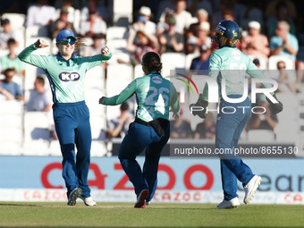 LONDON ENGLAND - AUGUST  11 :Mady Villiers celebrates the catch of Bess Heath during The Hundred Women match between Oval Invincible's Women...