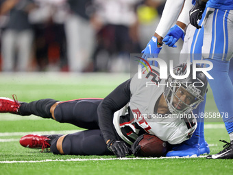Atlanta Falcons wide receiver KhaDarel Hodge (12) is tackled by Detroit Lions safety DeShon Elliott (5) during the first half of an NFL pres...