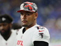 Wide receiver Auden Tate (19) of the Atlanta Falcons looks on from the sidelines during an NFL preseason football game between the Detroit L...