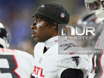 Safety Henry Black (36) of the Atlanta Falcons looks on from the sidelines during an NFL preseason football game between the Detroit Lions a...