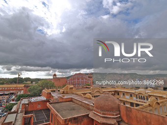 Monsoon clouds gather above the Hawa Mahal, in Jaipur, Rajasthan, India, Saturday, Aug. 13, 2022 (