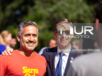 Sierra Club president Ramón Cruz (left) takes a photo with Rep. Mike Levin (D-CA) prior to the vote on the Inflation Reduction Act in the Ho...
