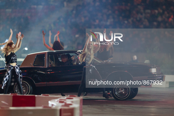 Lowriders race during the VERVA Street Racing at the National Stadium on October 24, 2015 in Warsaw, Poland. 