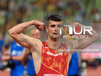 Athletics, Asier Martinez (Spain) after winning the mens 110m hurdles, on August 17, 2022 in Munchen, Germany. (