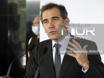 The president of the National Electoral Institute, Lorenzo Cordova, gesticulates while response media questions during a  briefing  conferen...