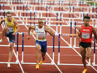 Joel Bengtsson of Sweden, Pascal Martinot-Lagarde of France and Jason Joseph of Switzerland during the Athletics, Semi-final Men's 110m...