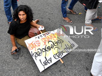 A member of the Sri Lanka Inter University Students Federation shouts slogans during a protest march in Colombo, Sri Lanka, on August 18, 20...