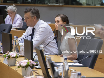 Sanna Marin Prime minister of Finland as seen sittting next to Andrej Plenković prime minister of Croatia at the European Council Round Tabl...