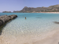 Tourism in Greece - The exotic beach of Falassarna at the western side of Crete island during a high-temperature day, heatwave. Falasarna ba...