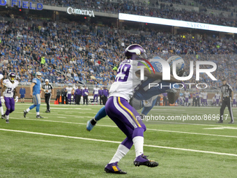 Detroit Lions wide receiver Calvin Johnson (81) catches a  pass for a touchdown defended by Minnesota Vikings cornerback Xavier Rhodes (29)...