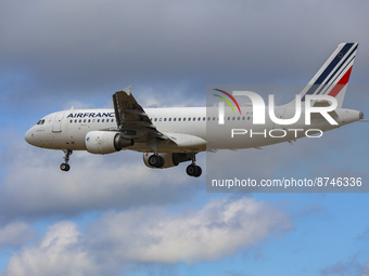 Air France Airbus A320 commercial aircraft as seen landing in London Heathrow Airport. The passenger airplane has the registration F-HEPA an...