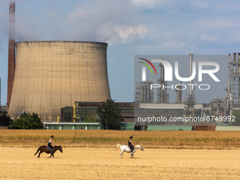 two horse riders are seen crossing a dried up field and Shell oil refinery is in the  background in wesseling, Germany on August 30, 2022 an...