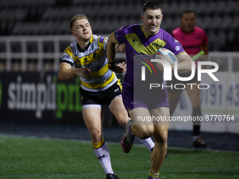 Jake Anderson of Newcastle Thunder  drives for the try-line during the BETFRED Championship match between Newcastle Thunder and York City Kn...
