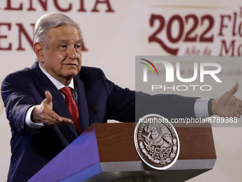 Mexican President, Andres Manuel Lopez Obrador talks during his daily morning press conference at the National Palace. on September 5, 2022...