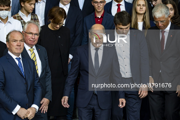 German Chancellor Scholz (C) is pictured during the receivement of the winners of the 57. Federal Competition 'Researching Youth' at the Cha...
