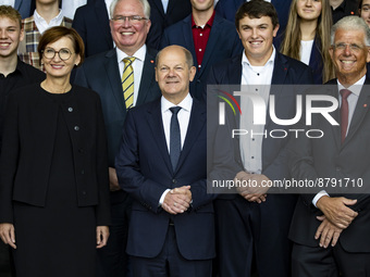 German Chancellor Scholz (C) is pictured during the receivement of the winners of the 57. Federal Competition 'Researching Youth' at the Cha...