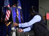 Photo boards are put on display during a press conference regarding debate availability by Dr. Mehmet Oz, Republican candidate for the Penns...