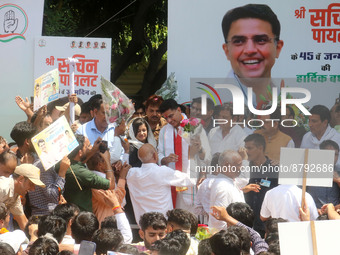 Senior Congress leader and former Rajasthan deputy chief minister Sachin Pilot being greeted by supporters during his 45th birthday celebrat...