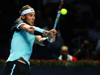 Rafael Nadal during a match against Marin Cilic (CRO) in the eight-finals of the Swiss Indoors at St. Jakobshalle in Basel, Switzerland on O...