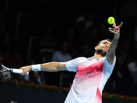 Marin Cilic (CRO) serves during a match against Rafael Nadal in the eight-finals of the Swiss Indoors at St. Jakobshalle in Basel, Switzerla...