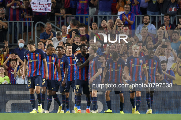 Franck Kessie central midfield of Barcelona and Cote d'Ivoire celebrates after scoring his sides first goal during the UEFA Champions League...