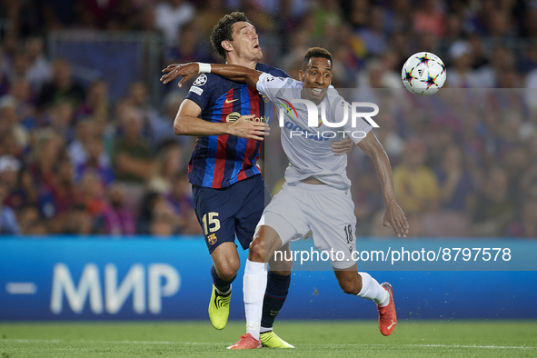 Andreas Christensen centre-back of Barcelona and Denmark and Tomas Chory Centre-Forward of Viktoria Plzen and Czech Republic compete for the...