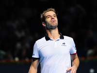 Richard Gasquet (FRA) serves during a match against Rafael Nadal in the semi finals of the Swiss Indoors at St. Jakobshalle in Basel, Switze...