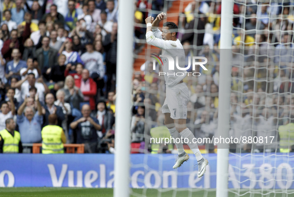Real Madrid's Portuguese forward Cristiano Ronaldo Celebrates a goal during the Spanish League 2015/16 match between Real Madrid and UD UD L...
